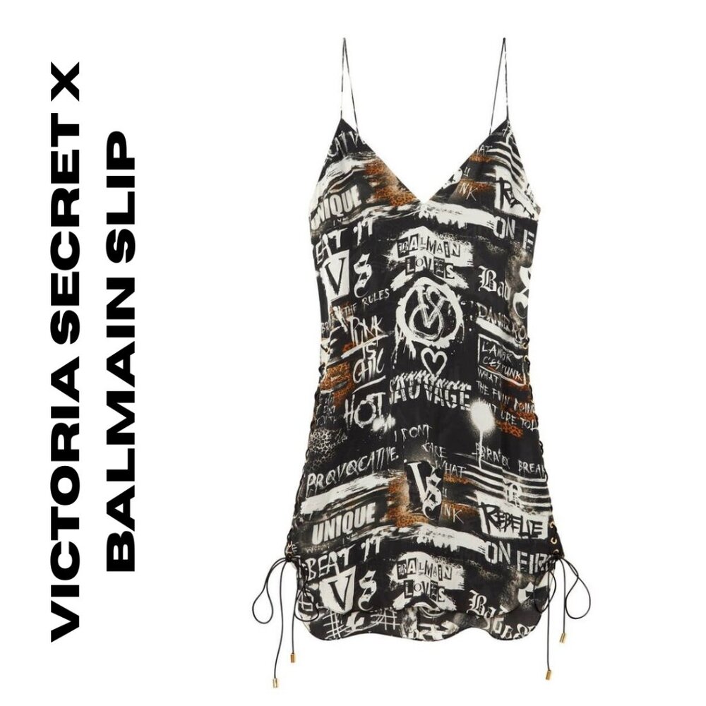 Victoria's Secret VS X Balmain Lace Up Graphic Slip Dress Runway 2017 NWT